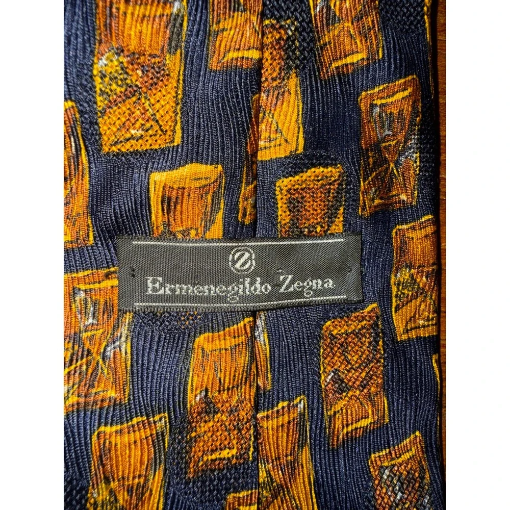 Ermenegildo Zegna Silk Tie Hourglass‎ Pattern Navy Gold Men's Necktie